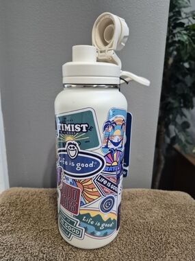 Life Is Good Cream Water Bottle with Colorful Sticker Art